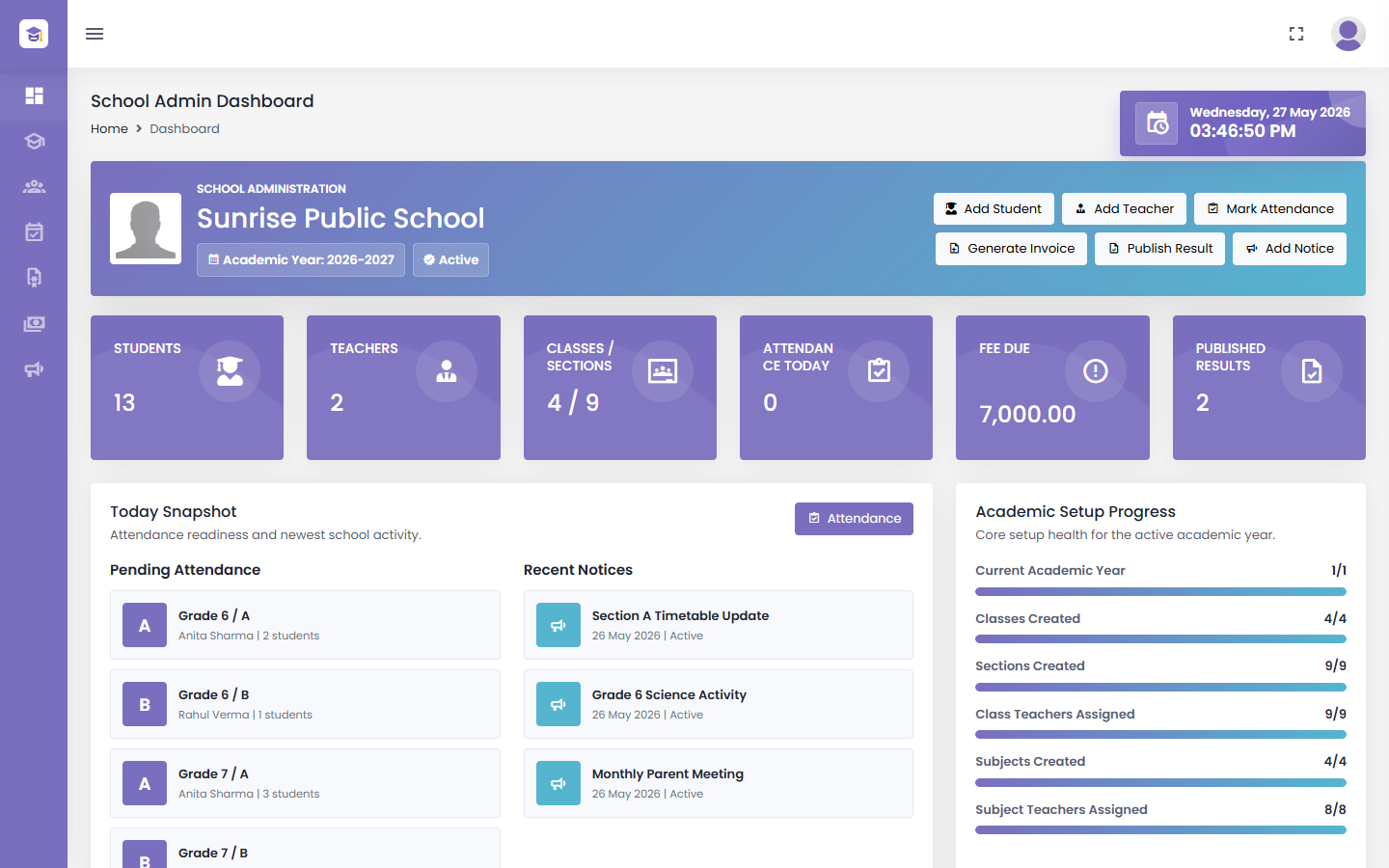 Education Eye School Admin CRM dashboard screenshot