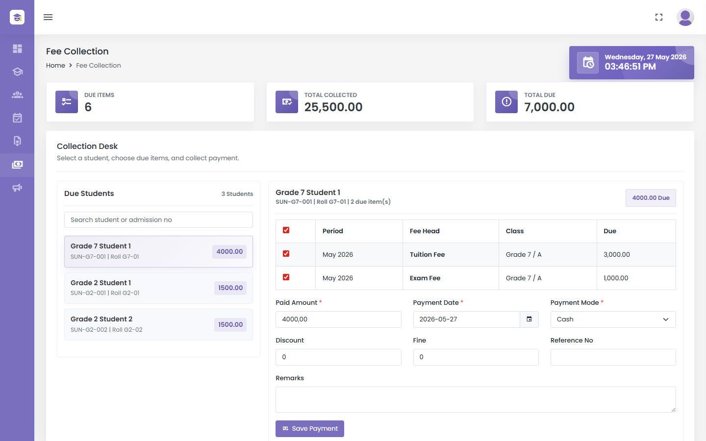 Education Eye fee collection CRM screenshot
