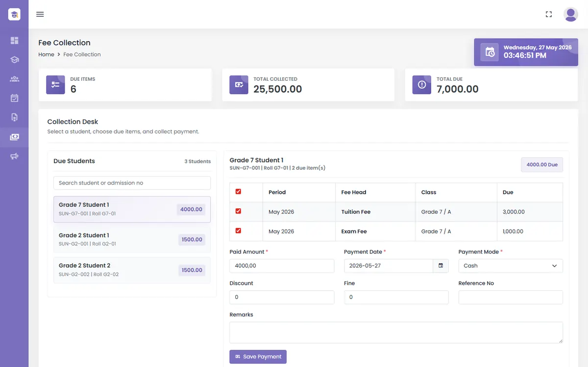 Education Eye fee collection CRM screenshot